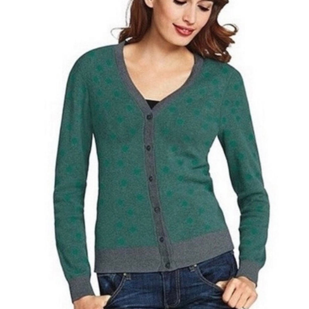 CABI Teal Green & Gray Polka Dot Button Up Cardigan Sweater Size Small Style 903